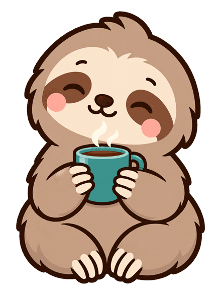 Slowi the sloth, with a cup of coffee
